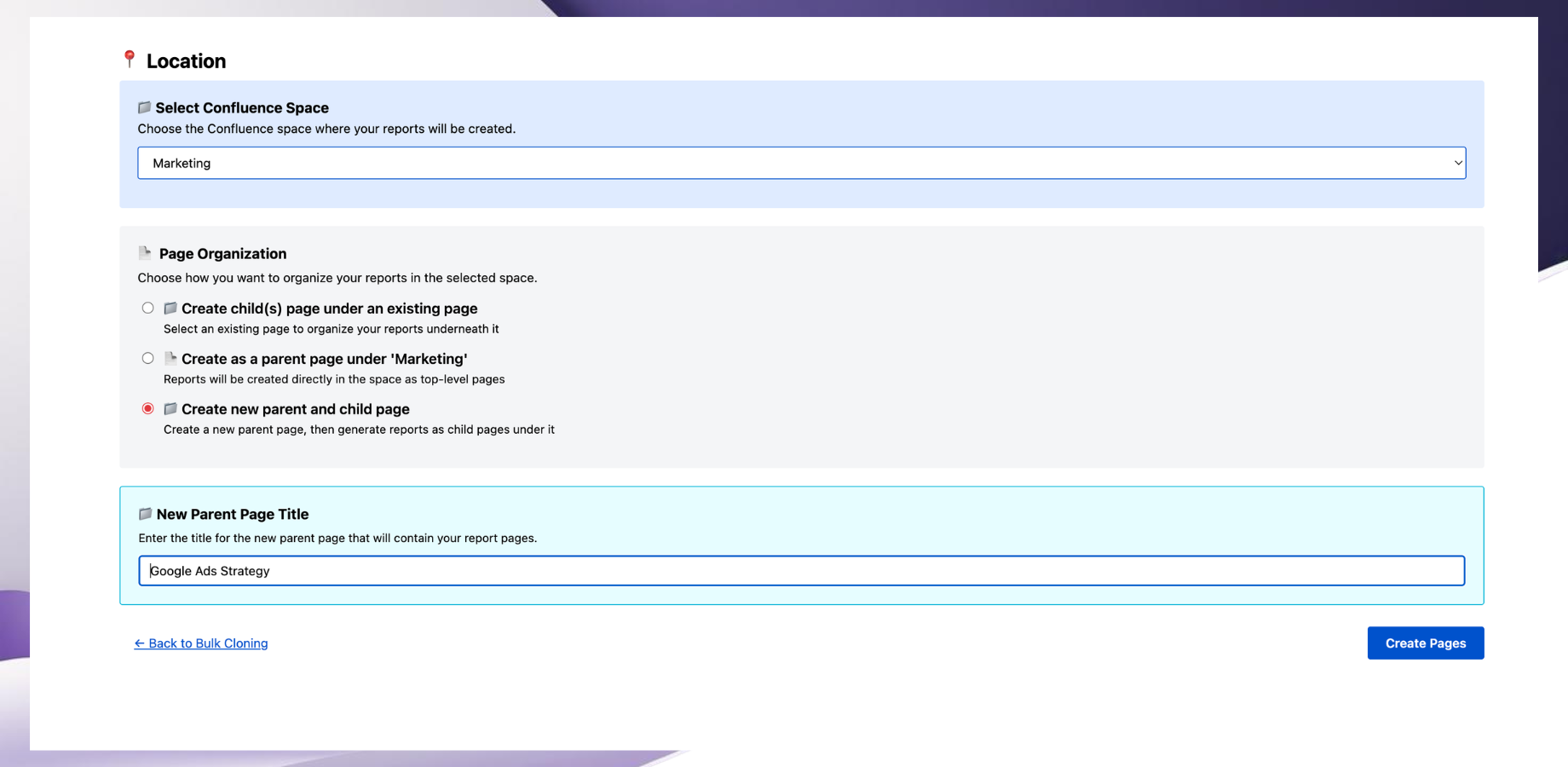 Choose destination space and parent page